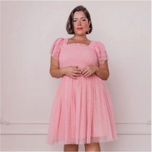 JessaKae Pink Teacup Smocked Flutter Sleeve Dress 1XL